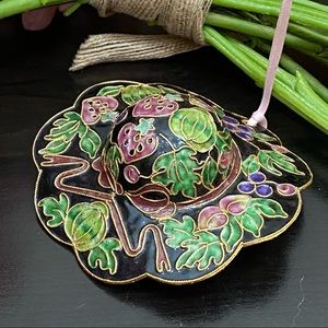 Vintage Cloisonné Strawberry Berries Hat Hanging Ornament
